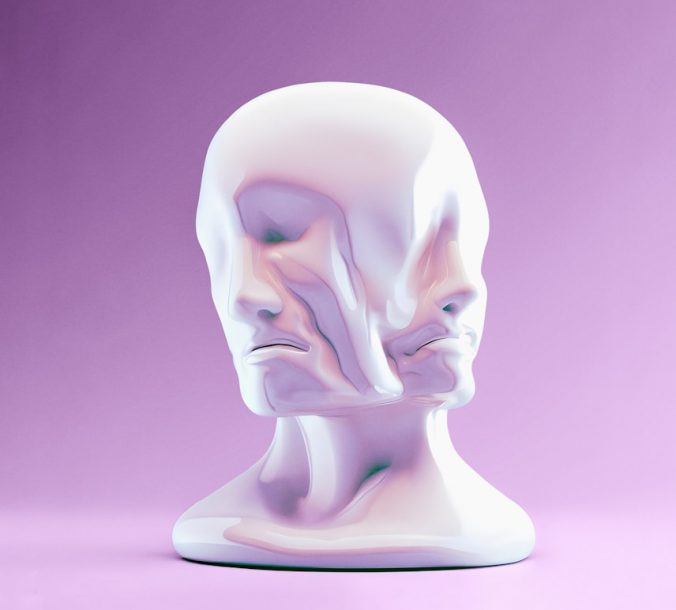 a white sculpture of a human head on a purple background